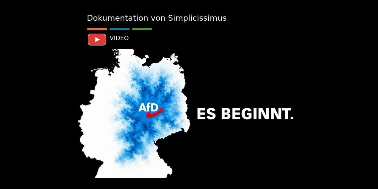 Deutschlandkarte, deren Osten blau eingefärbt ist, mit AfD-Logo und dem Schriftzug „Es beginnt.“ – Titelbild der Simplicissimus-Dokumentation über die Landtagswahl in Sachsen-Anhalt
