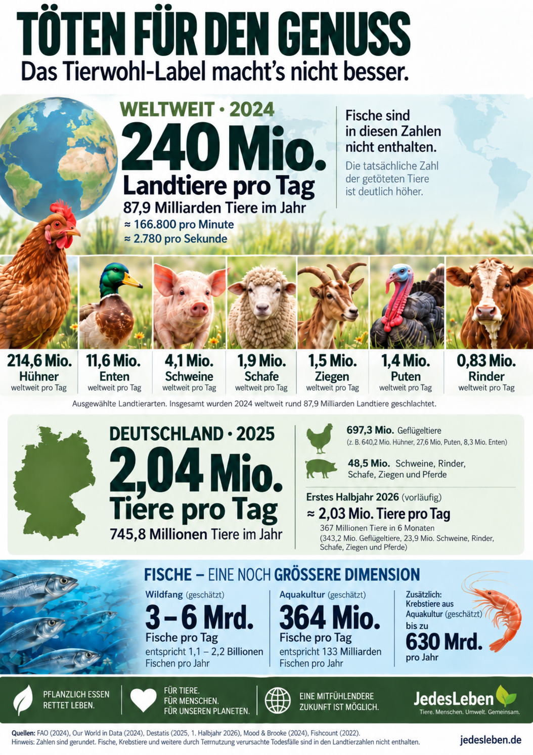 Infografik: Töten für den Genuss – weltweit 240 Millionen Landtiere pro Tag (2024), in Deutschland 2,04 Millionen pro Tag (2025), dazu geschätzte Zahlen für Fische und Krebstiere