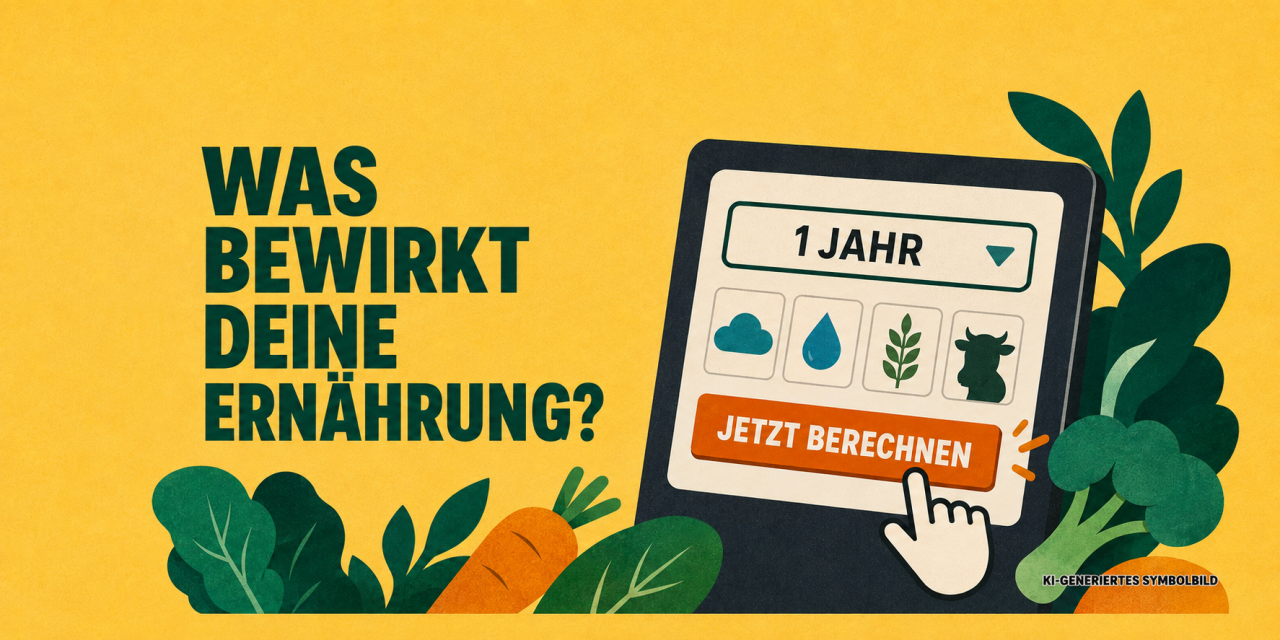 Illustration: Tablet mit dem Vegan-Rechner, Auswahl „1 Jahr“ und Schaltfläche „Jetzt berechnen“, umgeben von Gemüse. Daneben die Frage „Was bewirkt deine Ernährung?“