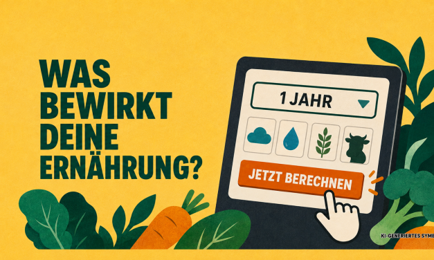 Vegan-Rechner – Das passiert, wenn du dich pflanzlich ernährst Illustration: Tablet mit dem Vegan-Rechner, Auswahl „1 Jahr“ und Schaltfläche „Jetzt berechnen“, umgeben von Gemüse. Daneben die Frage „Was bewirkt deine Ernährung?“